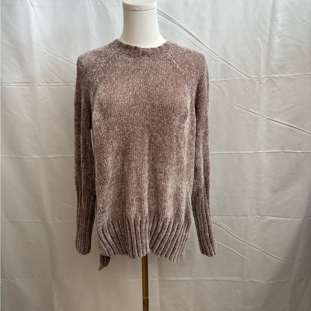 Pink Rose Chenille Knit Sweater Small Taupe Mauve Cozy Soft Ribbed Hem